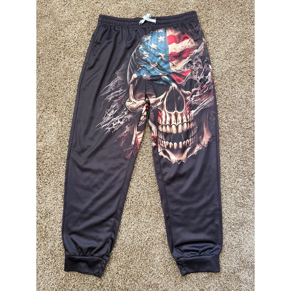 Vintage Skull Graphic Polyester Red White Blue USA America Mens Size Large